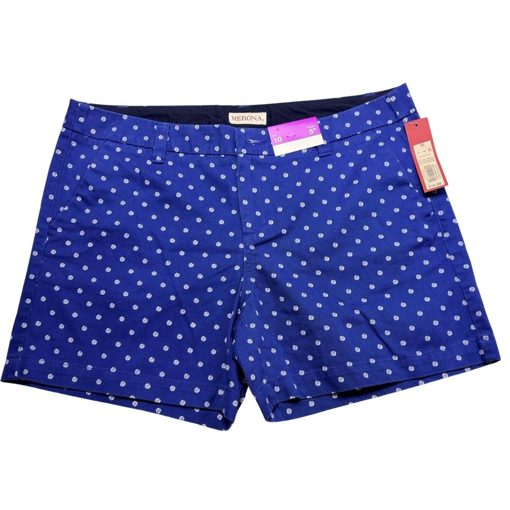 Merona Polka Dot Shorts Womens 10 Blue‎ Cotton 5 Inseam Preppy NWT